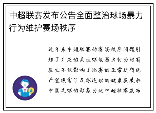 中超联赛发布公告全面整治球场暴力行为维护赛场秩序 中超联赛发布公告全面整治球场暴力行为维护赛场秩序